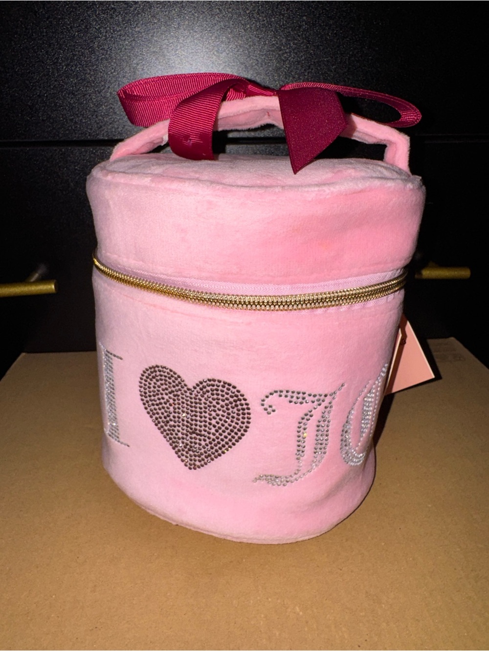 Juicy Couture Pink Plush Cosmetic Pouch with Gold Logo Charms NWT
